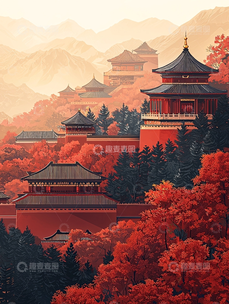 高清大图下载【趣麦麦图】红墙红叶山间古建筑