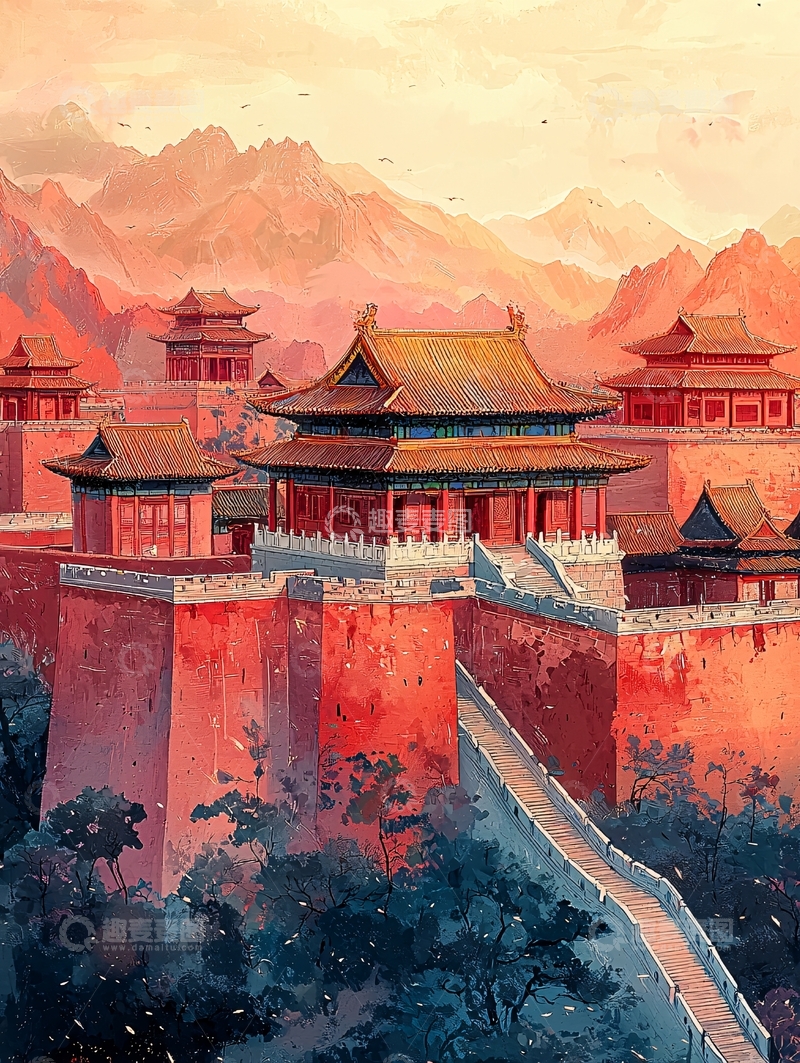 高清大图下载【趣麦麦图】山峦夕照下的中国古城