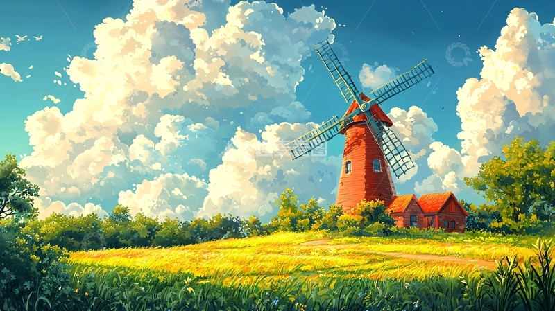 高清大图下载【趣麦麦图】田园风光下的红色风车