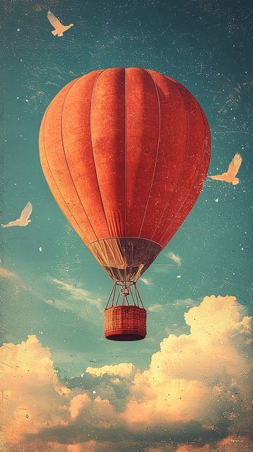 复古热气球蓝天白鸟