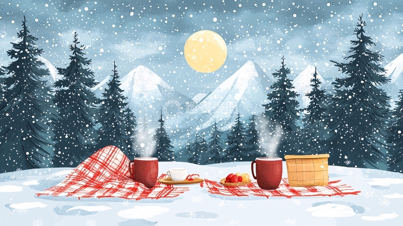 高清大图下载【趣麦麦图】冬日雪景野餐图