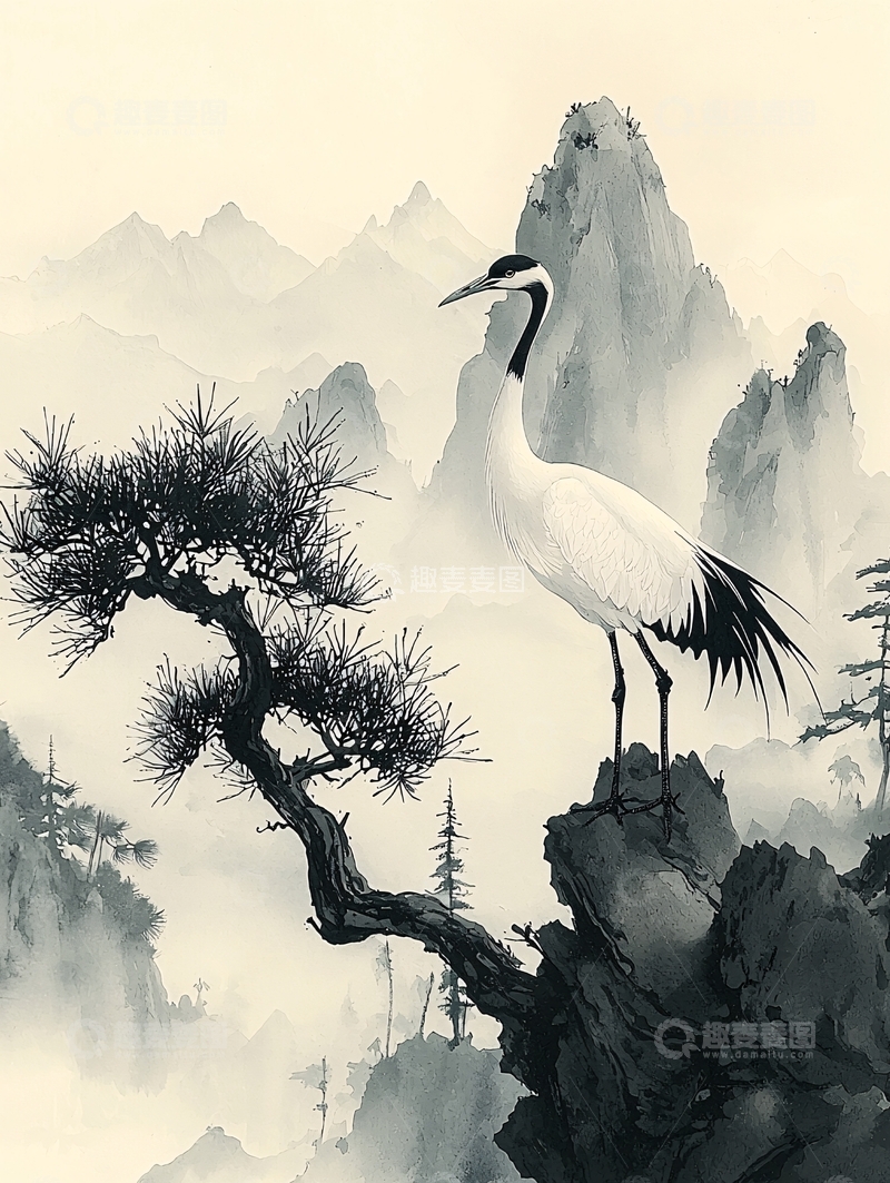高清大图下载【趣麦麦图】仙鹤松树山水画意境