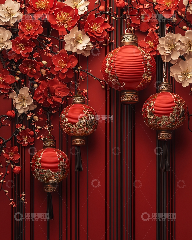 高清大图下载【趣麦麦图】红色灯笼与梅花绽放的喜庆场景