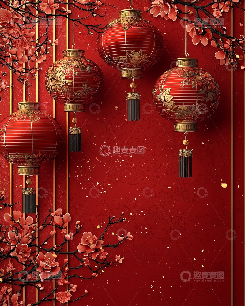 高清大图下载【趣麦麦图】红色背景上的灯笼和梅花