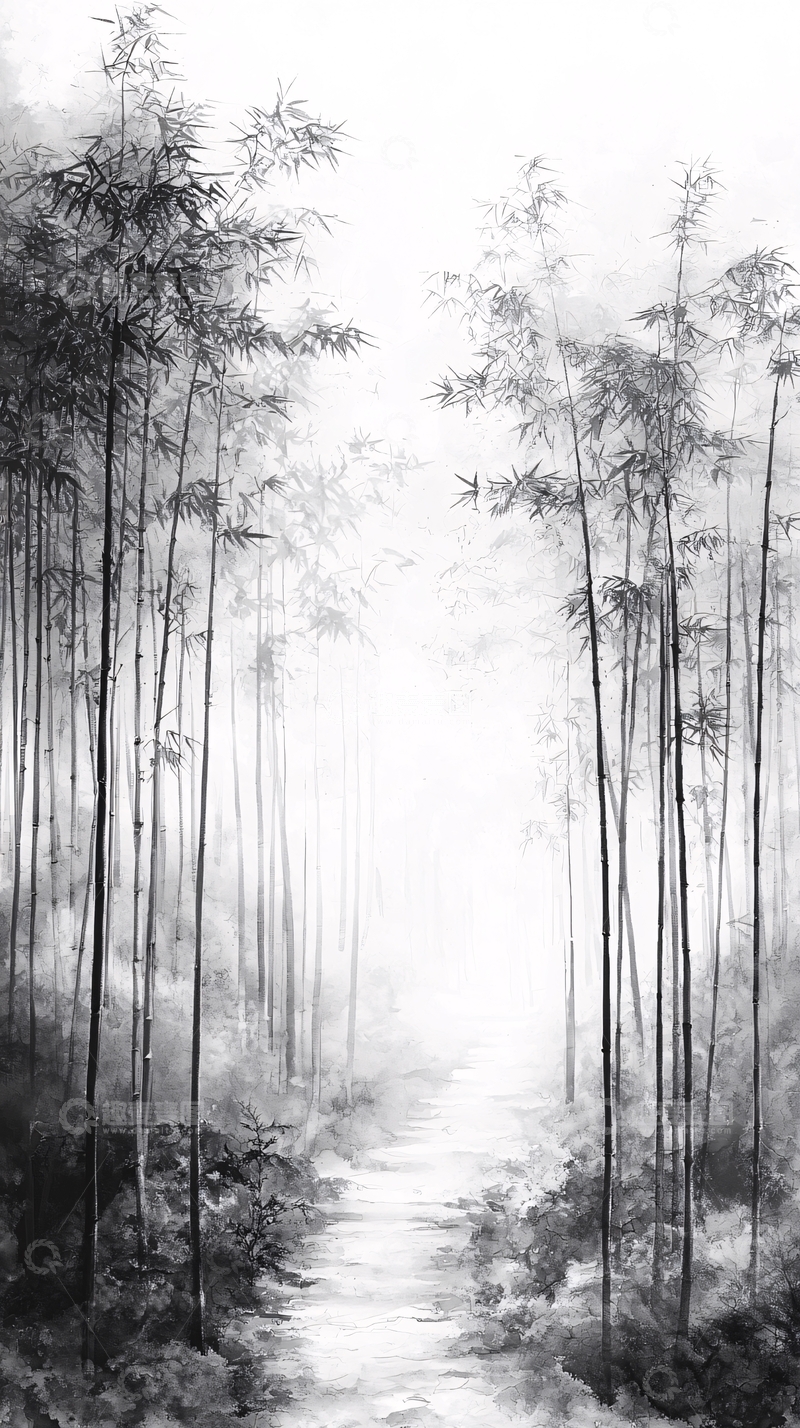 高清大图下载【趣麦麦图】水墨竹林小径