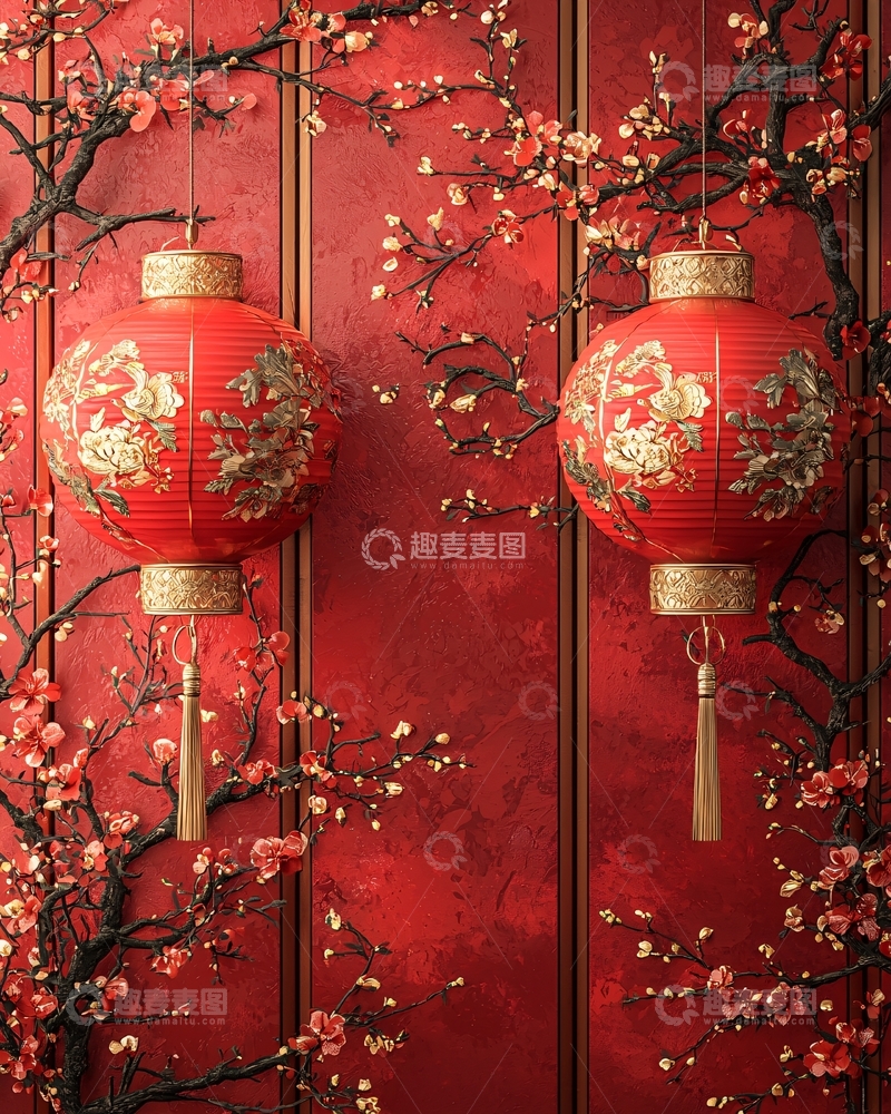 高清大图下载【趣麦麦图】喜庆的红色灯笼与梅花