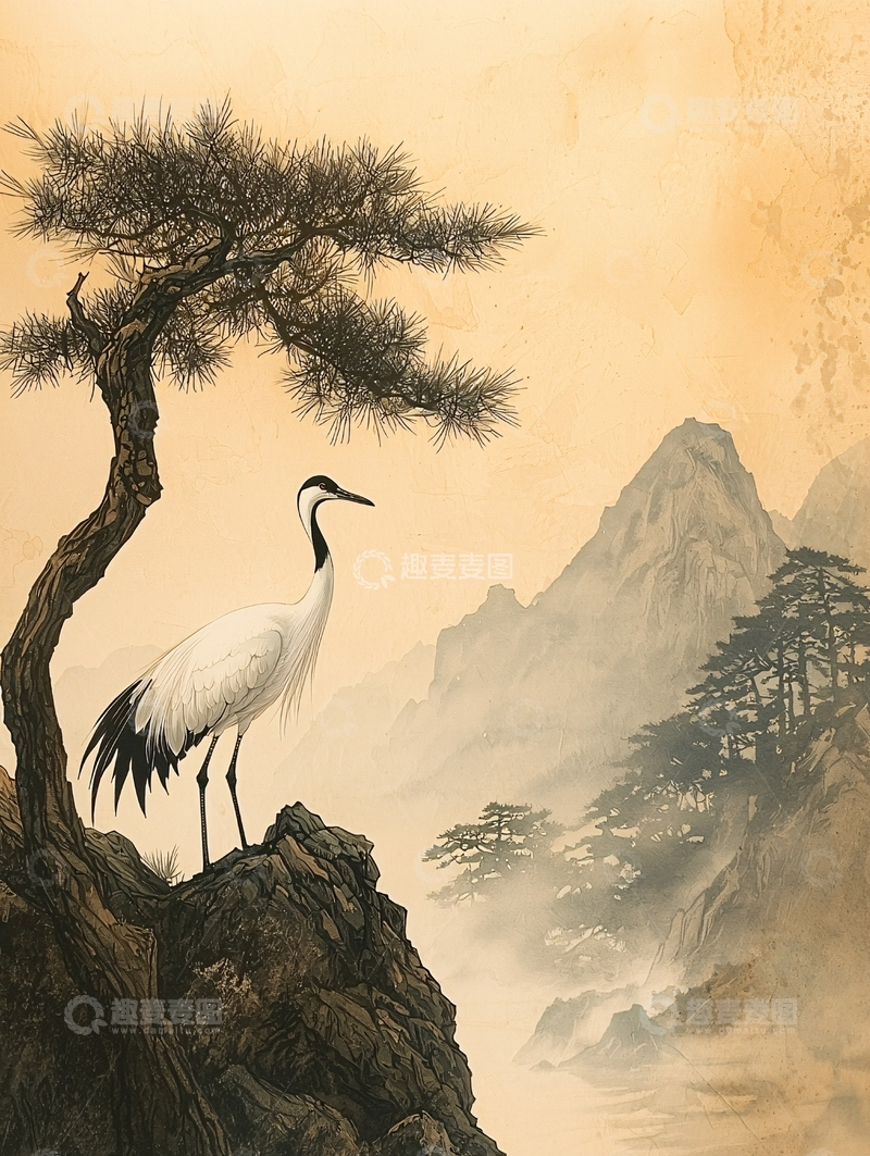 高清大图下载【趣麦麦图】仙鹤立于松树之上