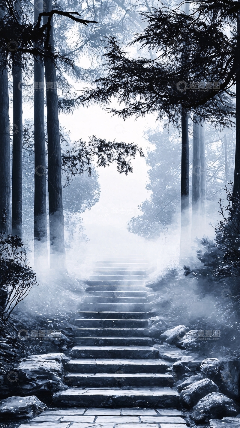 高清大图下载【趣麦麦图】雾气森林台阶