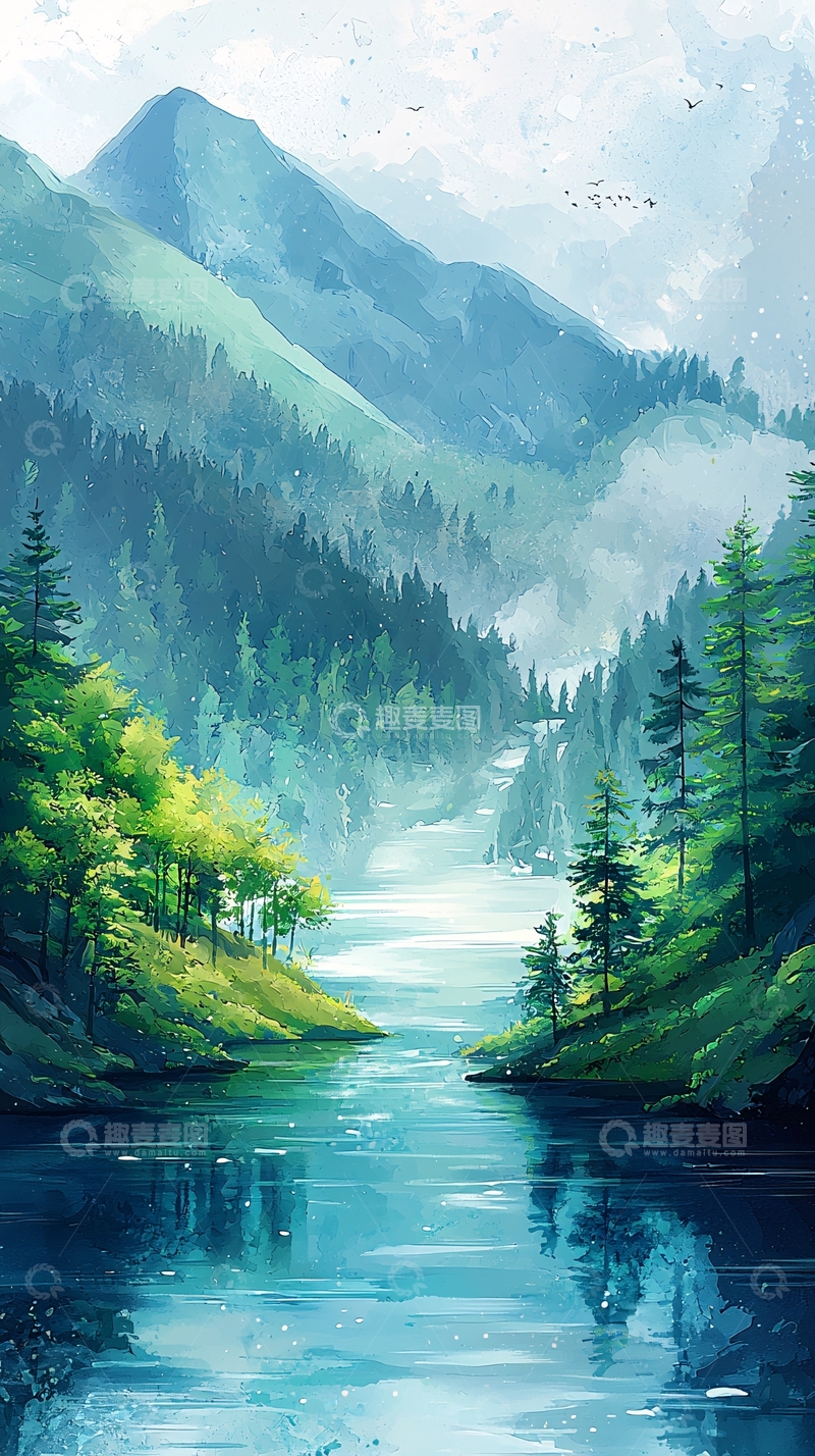 高清大图下载【趣麦麦图】梦幻绿色山峦湖泊