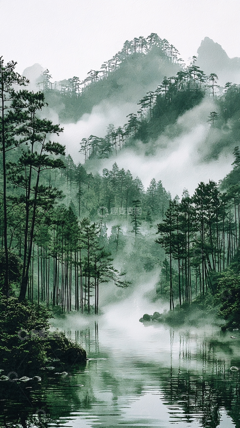 高清大图下载【趣麦麦图】雾气缭绕的绿色山林