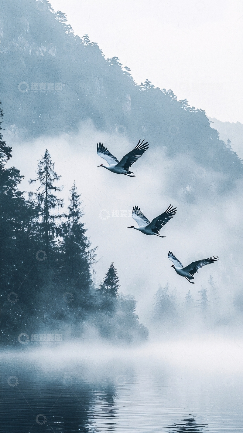 高清大图下载【趣麦麦图】仙鹤飞翔山峦薄雾