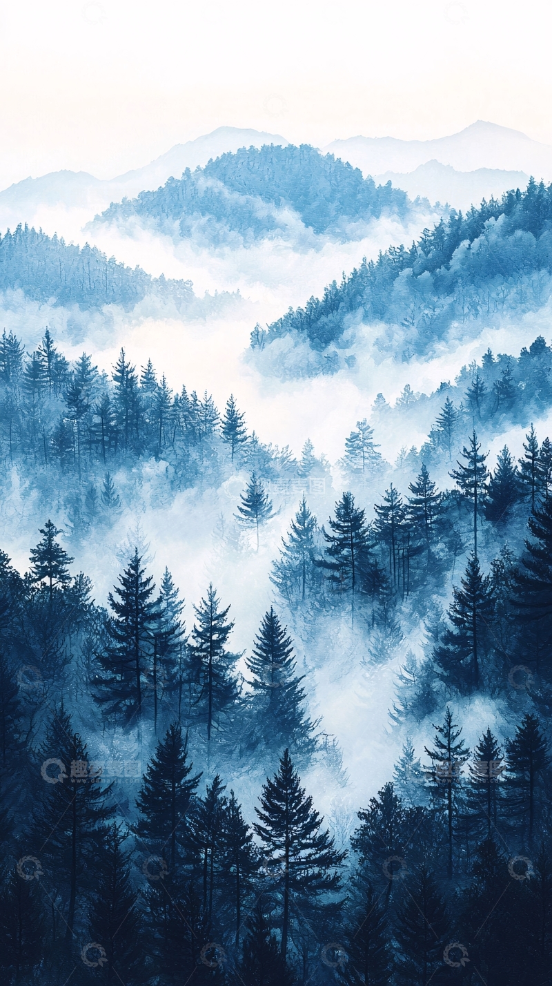 高清大图下载【趣麦麦图】雾气缭绕的蓝色山林