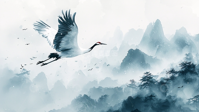 高清大图下载【趣麦麦图】仙鹤飞翔水墨山水画