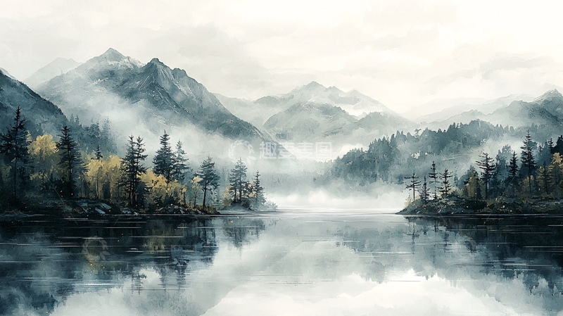 高清大图下载【趣麦麦图】雾气弥漫的山湖景色