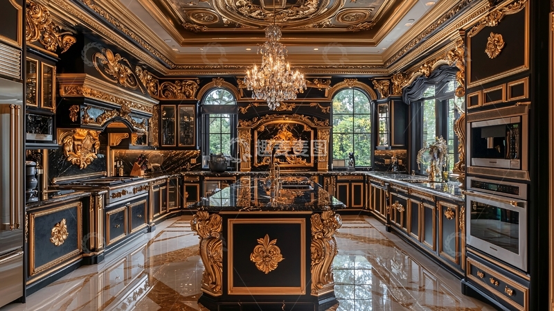高清大图下载【趣麦麦图】奢华黑色金色欧式厨房