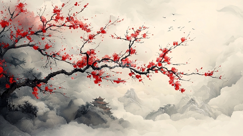 高清大图下载【趣麦麦图】水墨画红梅山景