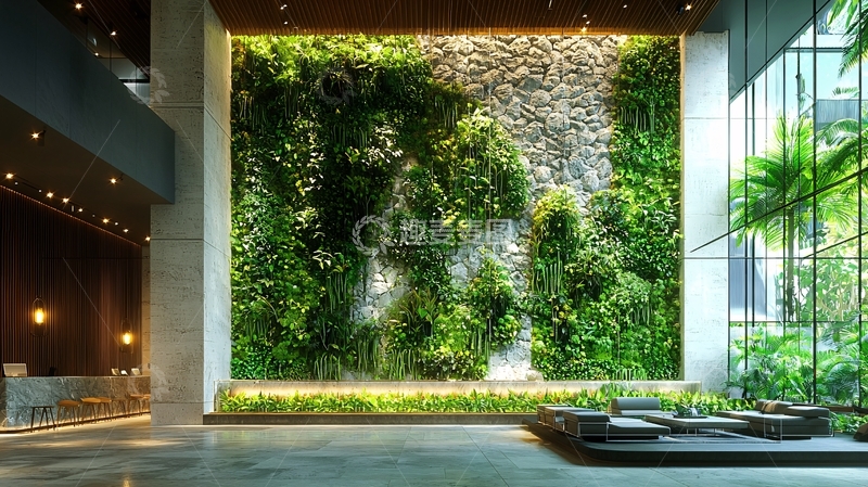 高清大图下载【趣麦麦图】绿色植物墙装饰的酒店大堂