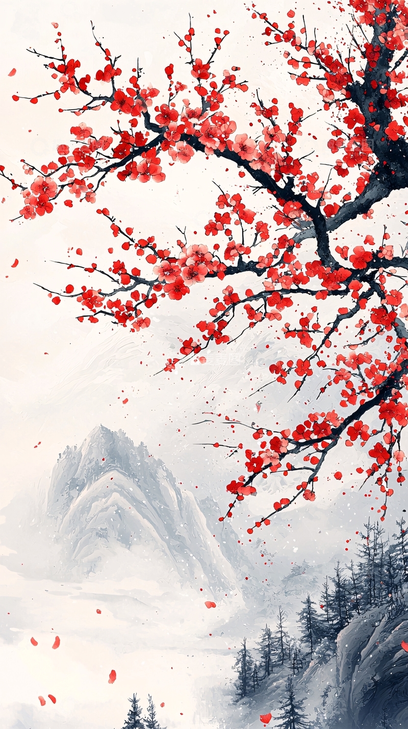 高清大图下载【趣麦麦图】水墨红梅山景图