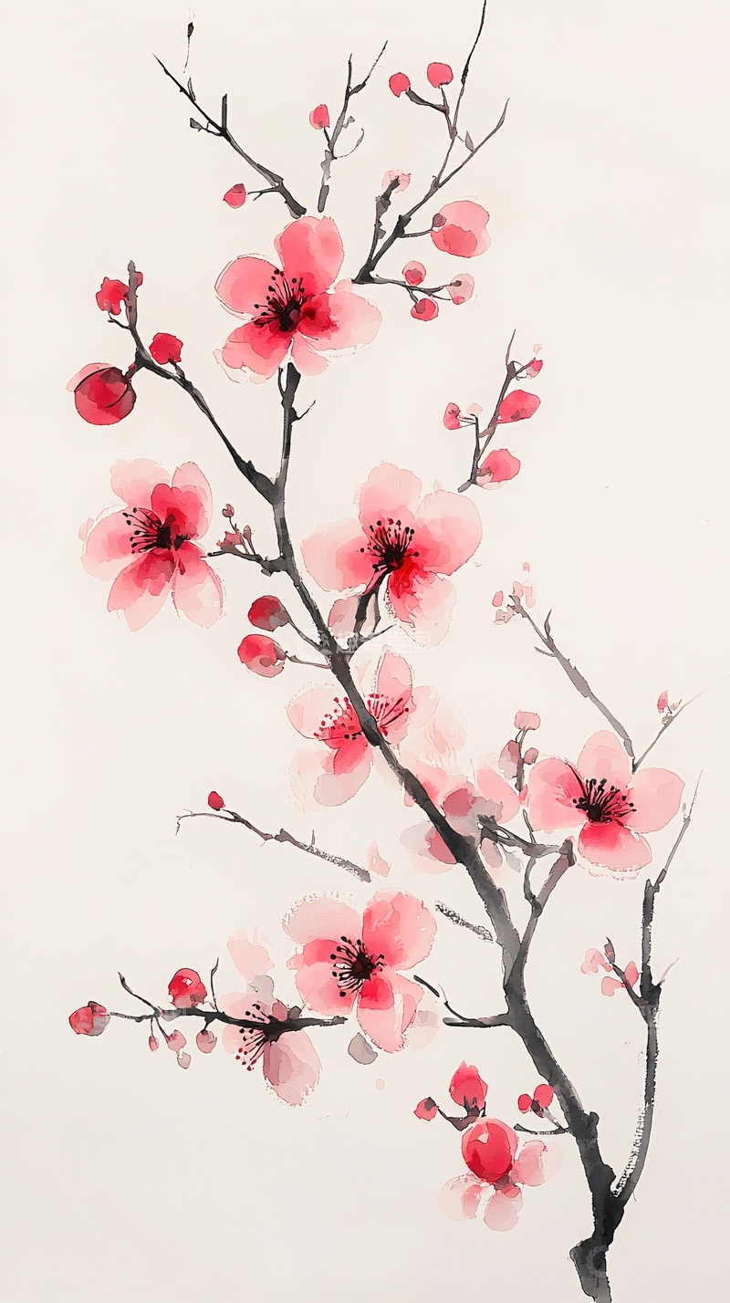 高清大图下载【趣麦麦图】水墨画风格粉色梅花