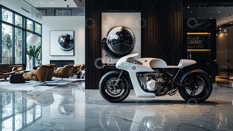 高清大图下载【趣麦麦图】现代简约风格豪宅内白色摩托车