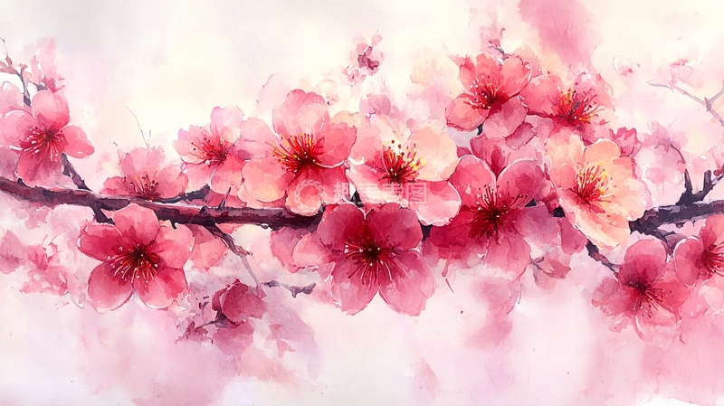 高清大图下载【趣麦麦图】粉色水彩樱花