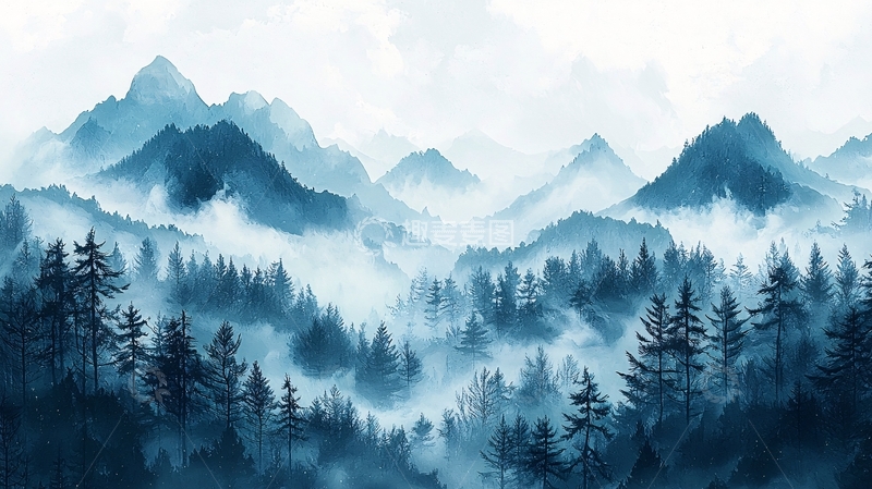 高清大图下载【趣麦麦图】水墨蓝山雾林