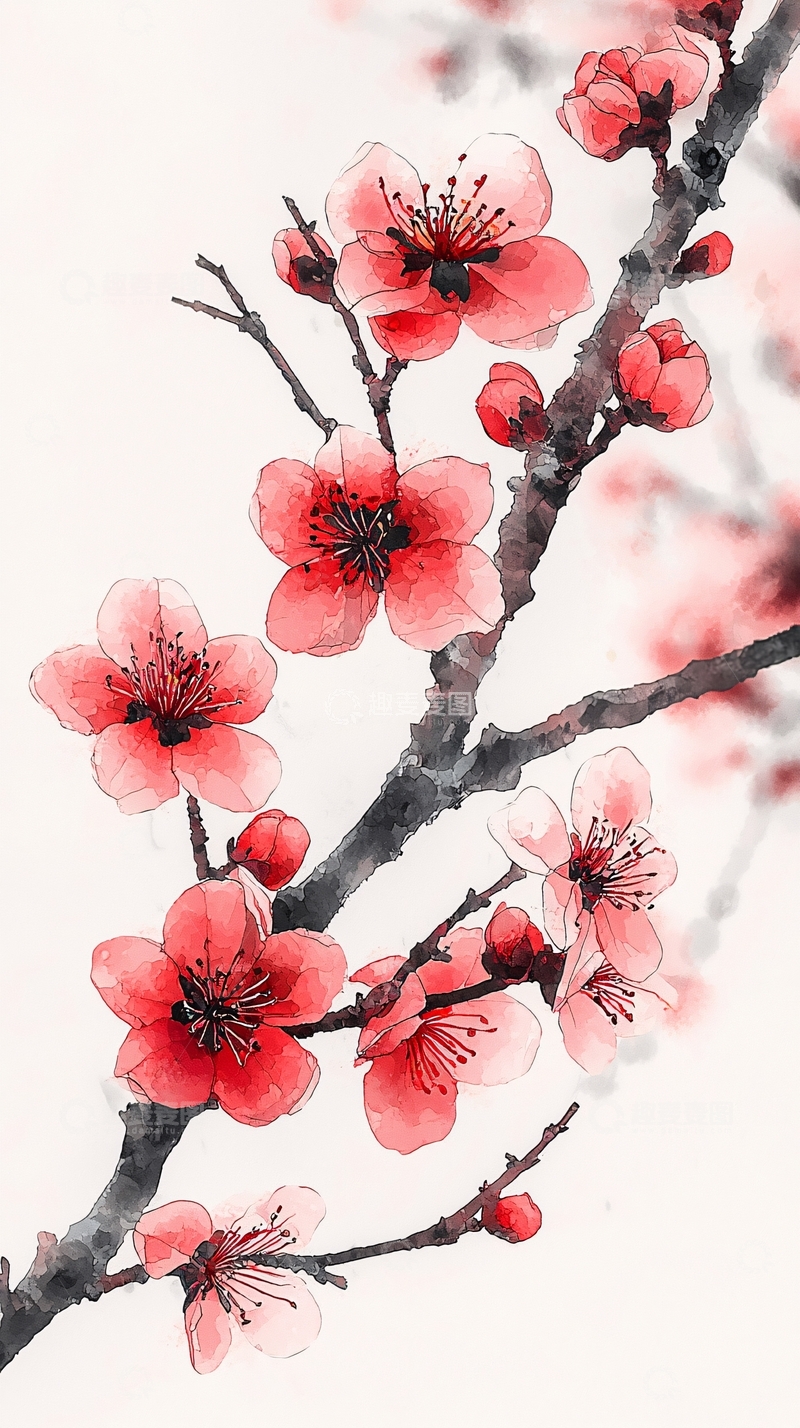 高清大图下载【趣麦麦图】水墨红梅