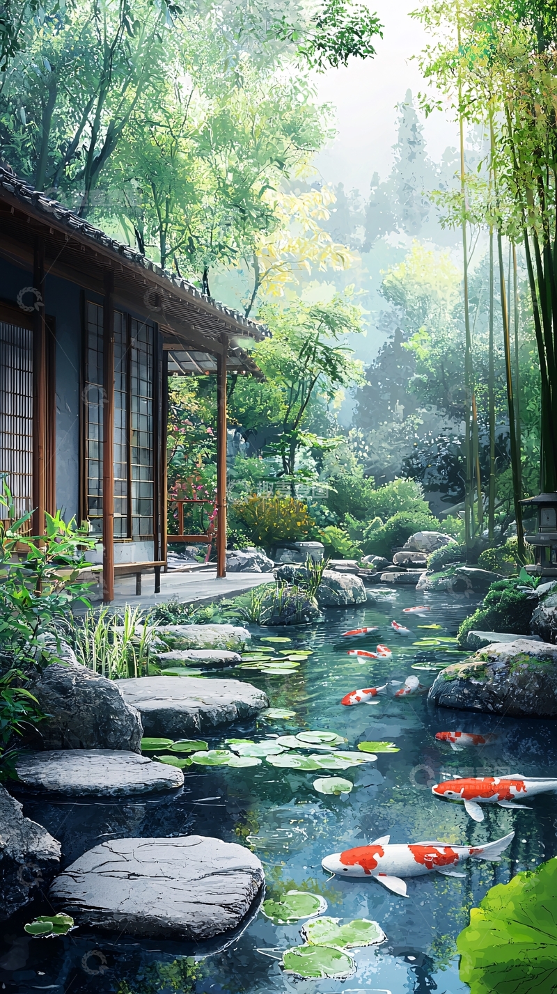 高清大图下载【趣麦麦图】水墨画风格日式庭院