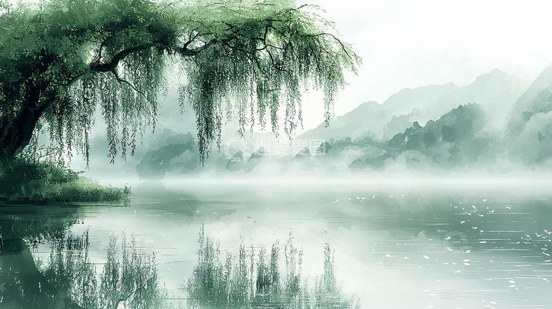 高清大图下载【趣麦麦图】雾气朦胧的垂柳湖景