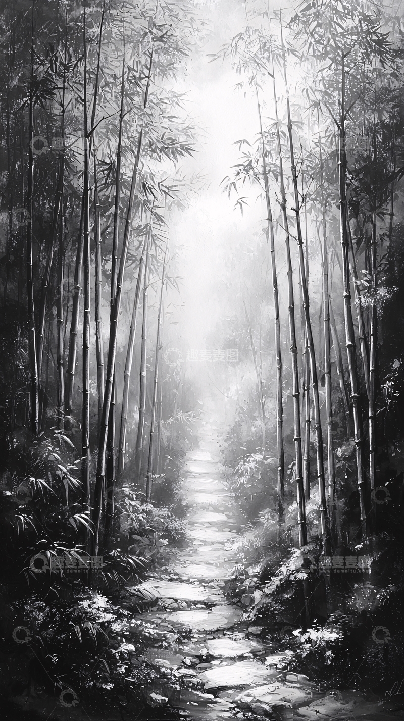 高清大图下载【趣麦麦图】水墨竹林小径