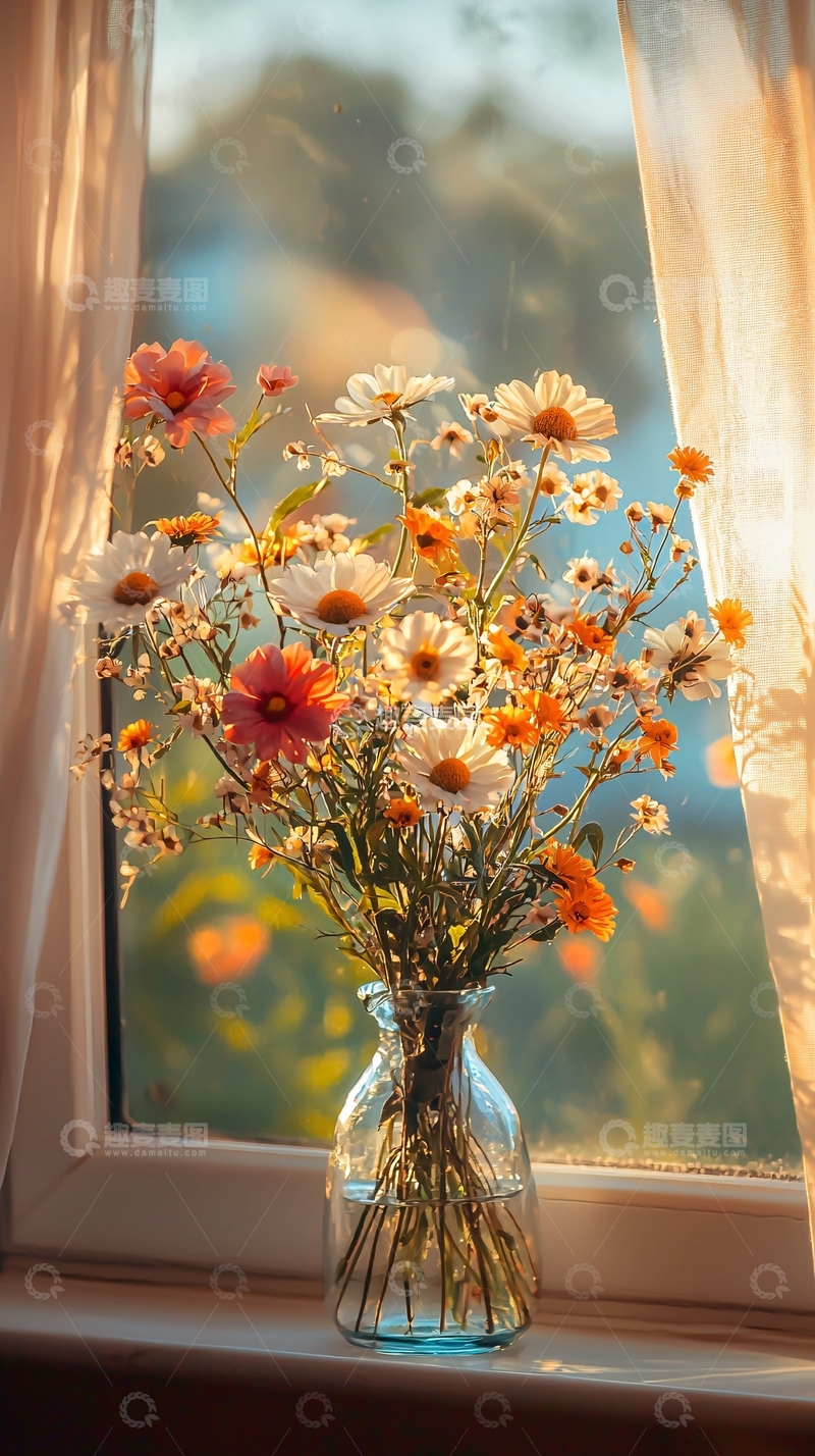 高清大图下载【趣麦麦图】窗边阳光下的野花花束