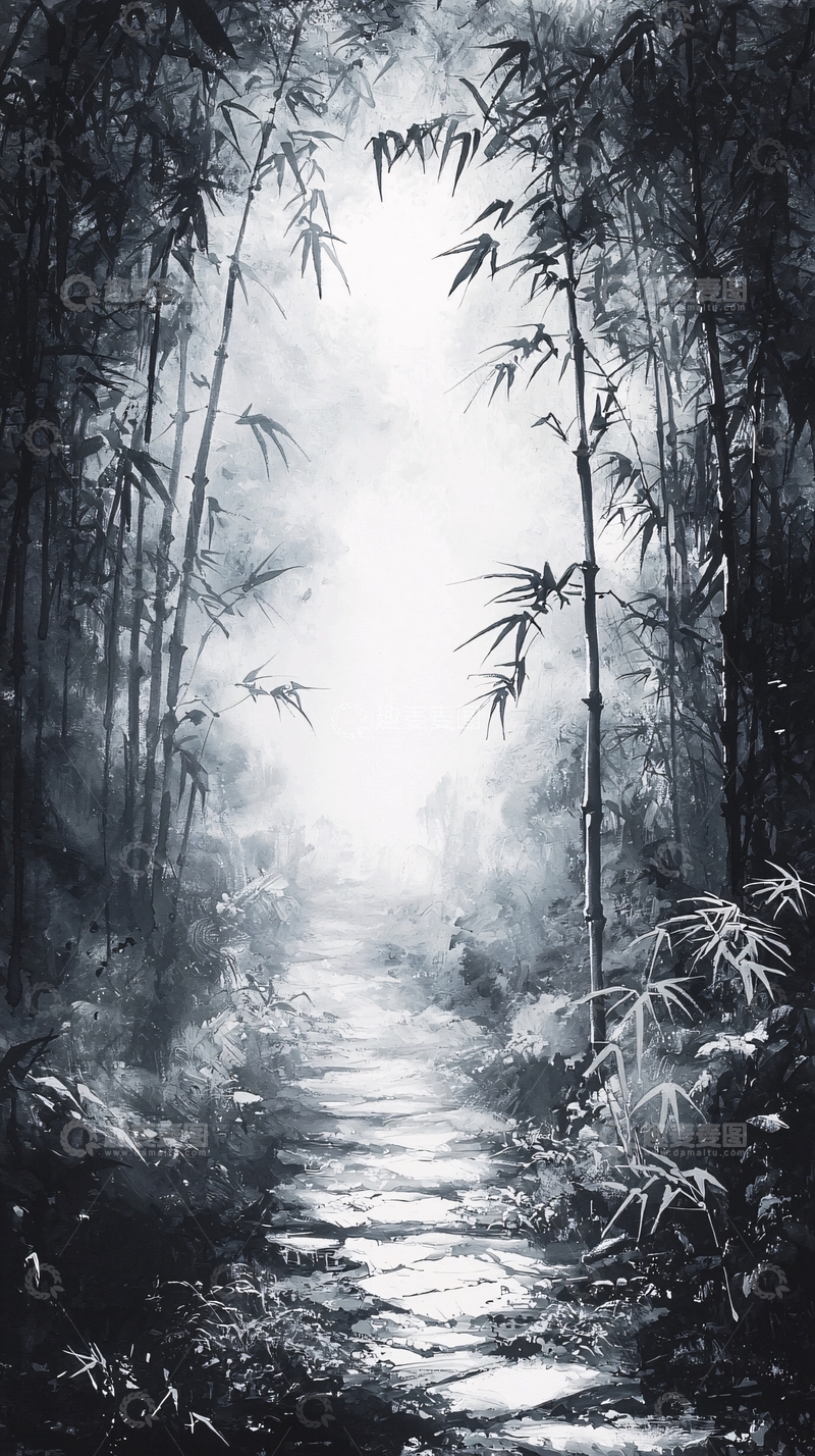 高清大图下载【趣麦麦图】水墨竹林小径