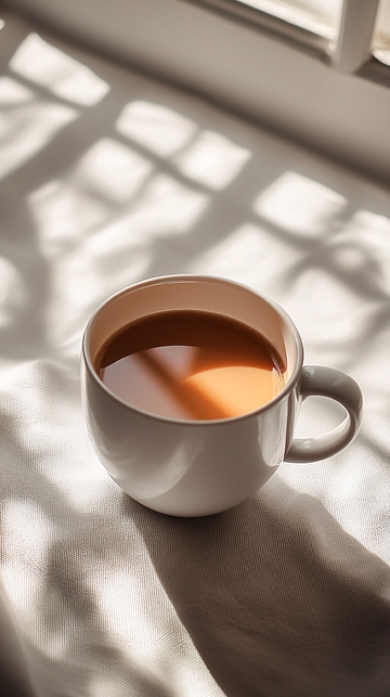 阳光透过窗帘洒在咖啡杯上