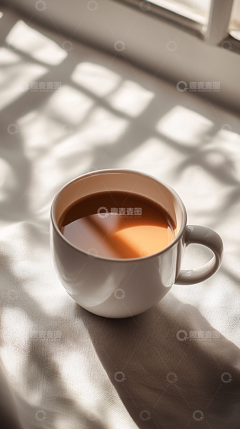 高清大图下载【趣麦麦图】阳光透过窗帘洒在咖啡杯上