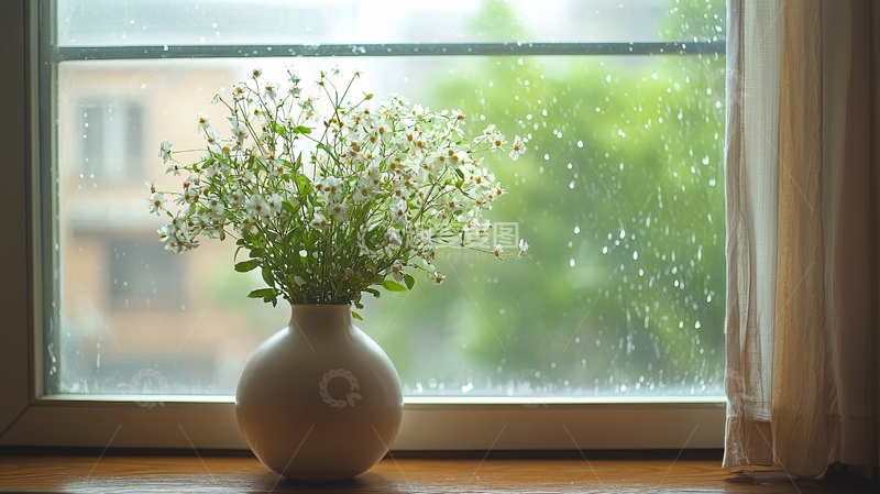 高清大图下载【趣麦麦图】雨天窗边花瓶摆设
