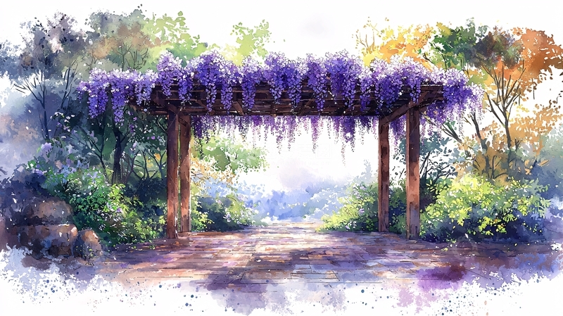 高清大图下载【趣麦麦图】紫藤花架水彩画