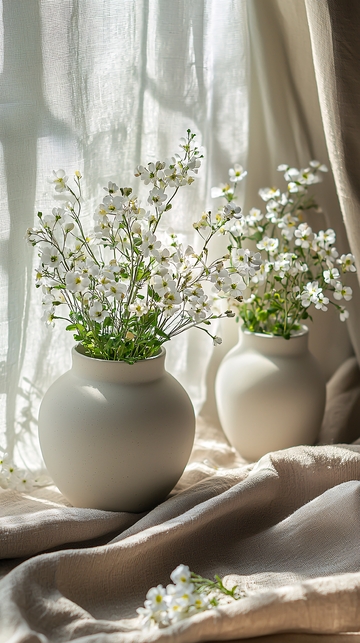 窗边白色小花和陶瓷花瓶