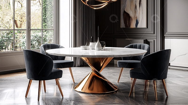 高清大图下载【趣麦麦图】现代轻奢圆形大理石餐桌