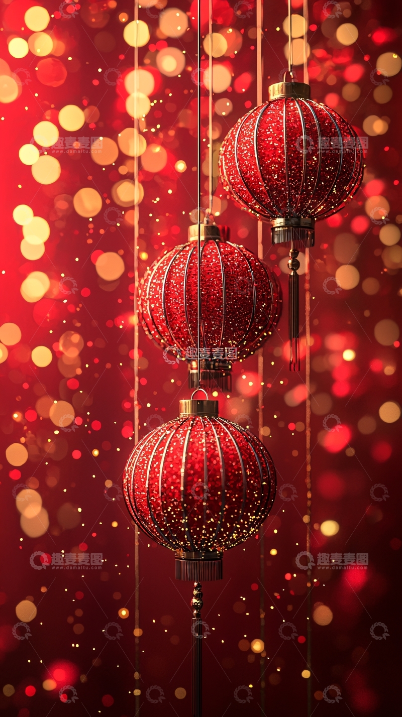 高清大图下载【趣麦麦图】红色灯笼与金色光点背景