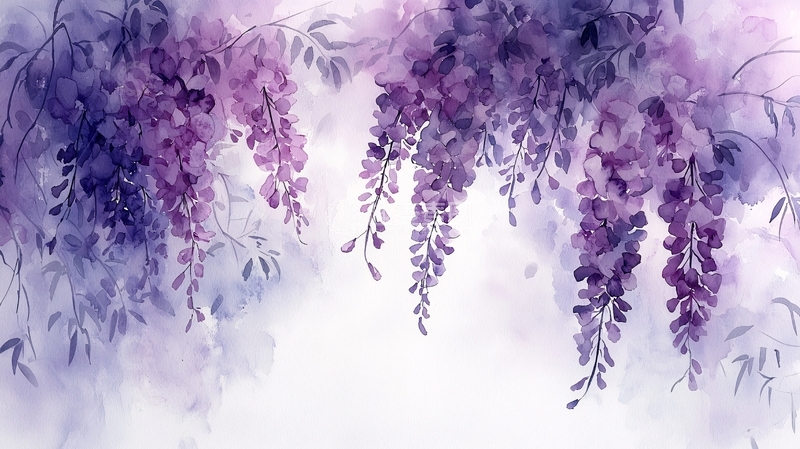 高清大图下载【趣麦麦图】紫色藤萝水彩画