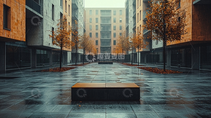 高清大图下载【趣麦麦图】秋雨中的现代建筑庭院