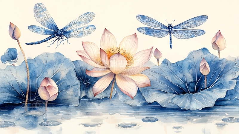 高清大图下载【趣麦麦图】蓝莲花蜻蜓水彩画