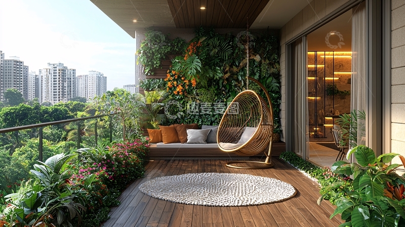 高清大图下载【趣麦麦图】阳台绿色植物吊椅休闲区