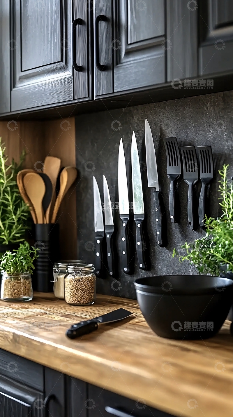 高清大图下载【趣麦麦图】厨房刀具磁条收纳
