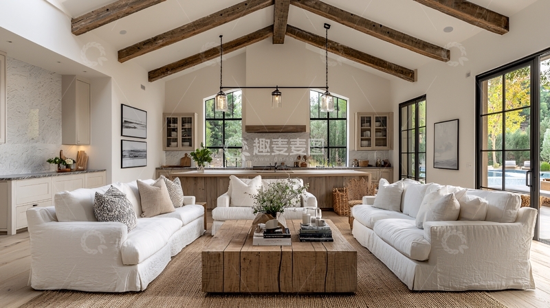高清大图下载【趣麦麦图】现代乡村风格开放式厨房客厅