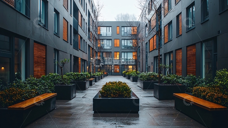 高清大图下载【趣麦麦图】现代化公寓楼雨天庭院