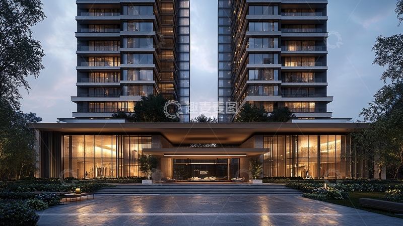 高清大图下载【趣麦麦图】夜晚灯光下的现代双塔建筑