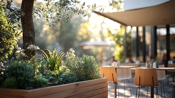 阳光洒落在户外餐厅