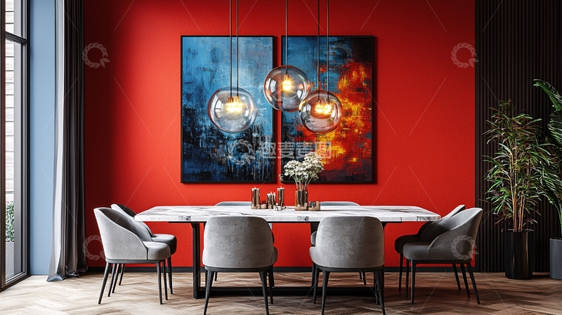 高清大图下载【趣麦麦图】红色墙壁的现代餐厅