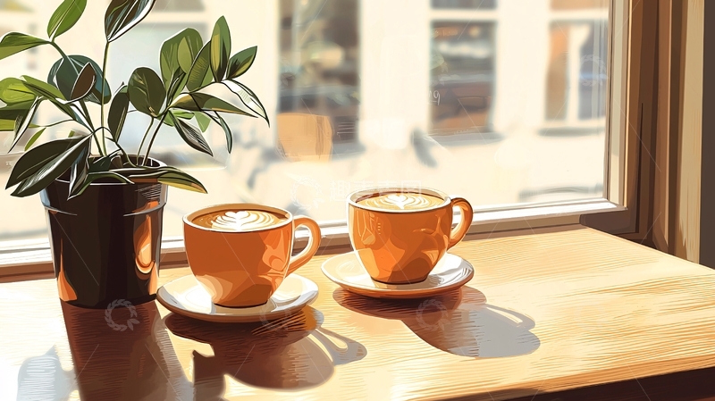 高清大图下载【趣麦麦图】阳光洒在窗边的两杯咖啡